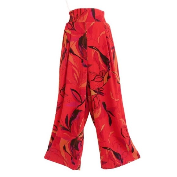 a new day Pants - Red Floral High Rise Wide Leg Pants Pull On Smocked Elastic Waistband Pleated M